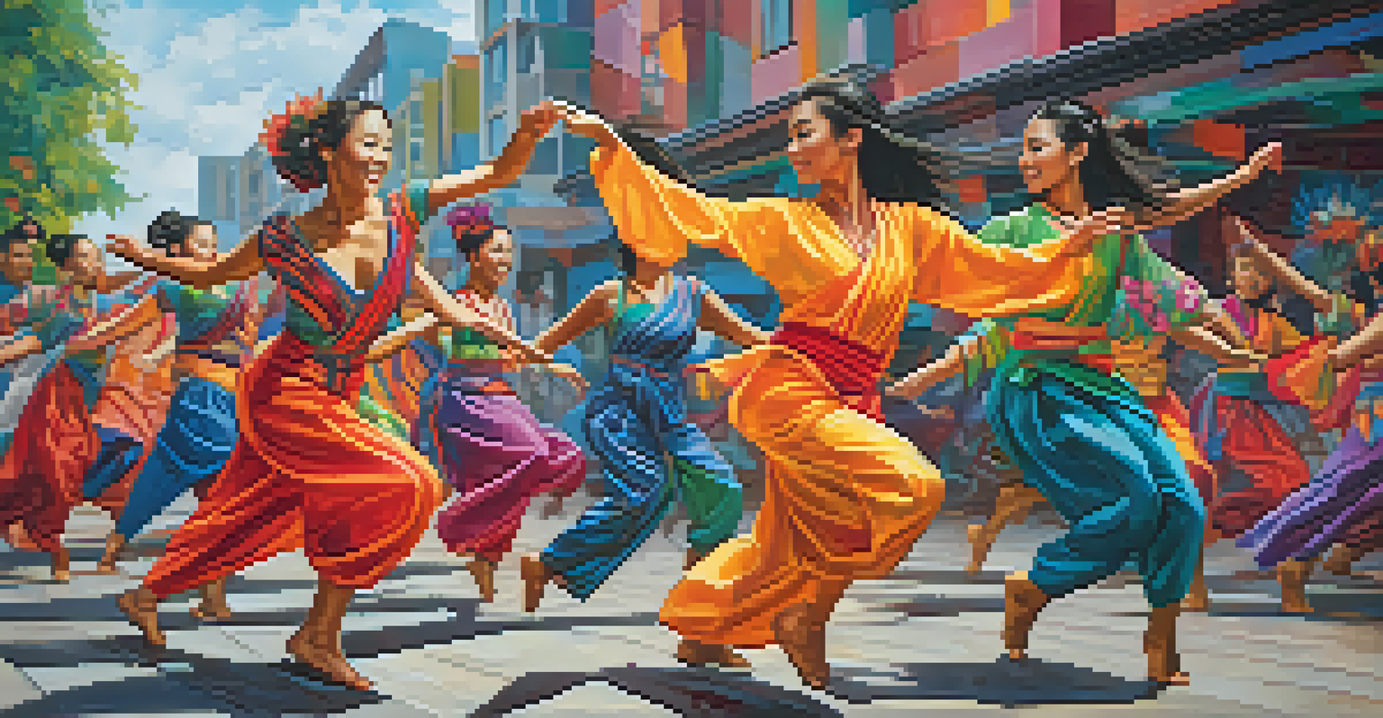 A diverse group of dancers performing in an urban area, showcasing a fusion of traditional Asian dance styles with modern choreography.