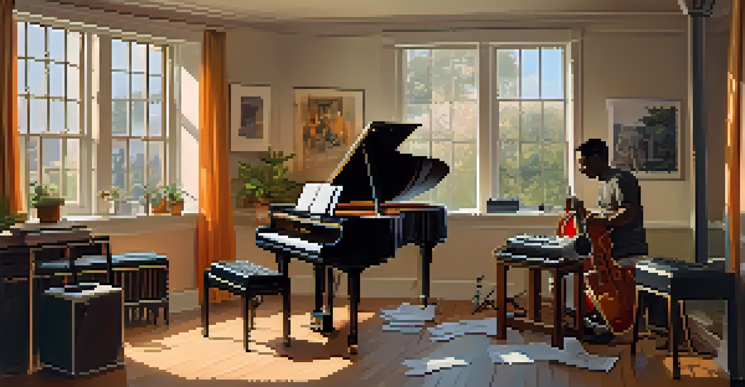 A recording studio scene with diverse musicians collaborating over instruments and sheet music.
