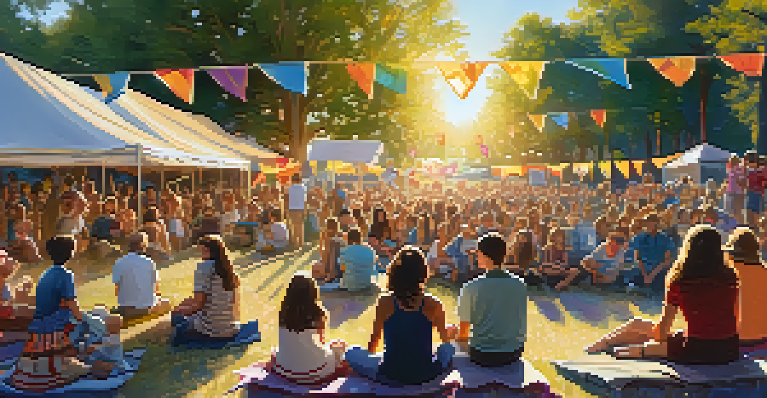 An outdoor music festival with young musicians performing on stage, surrounded by an enthusiastic crowd enjoying the lively atmosphere.