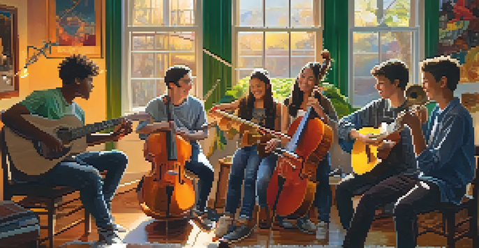 A diverse group of young musicians working together in a cozy studio filled with instruments and colorful decorations.