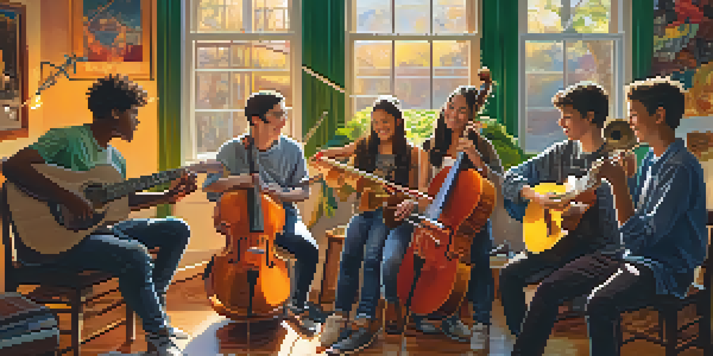 A diverse group of young musicians working together in a cozy studio filled with instruments and colorful decorations.