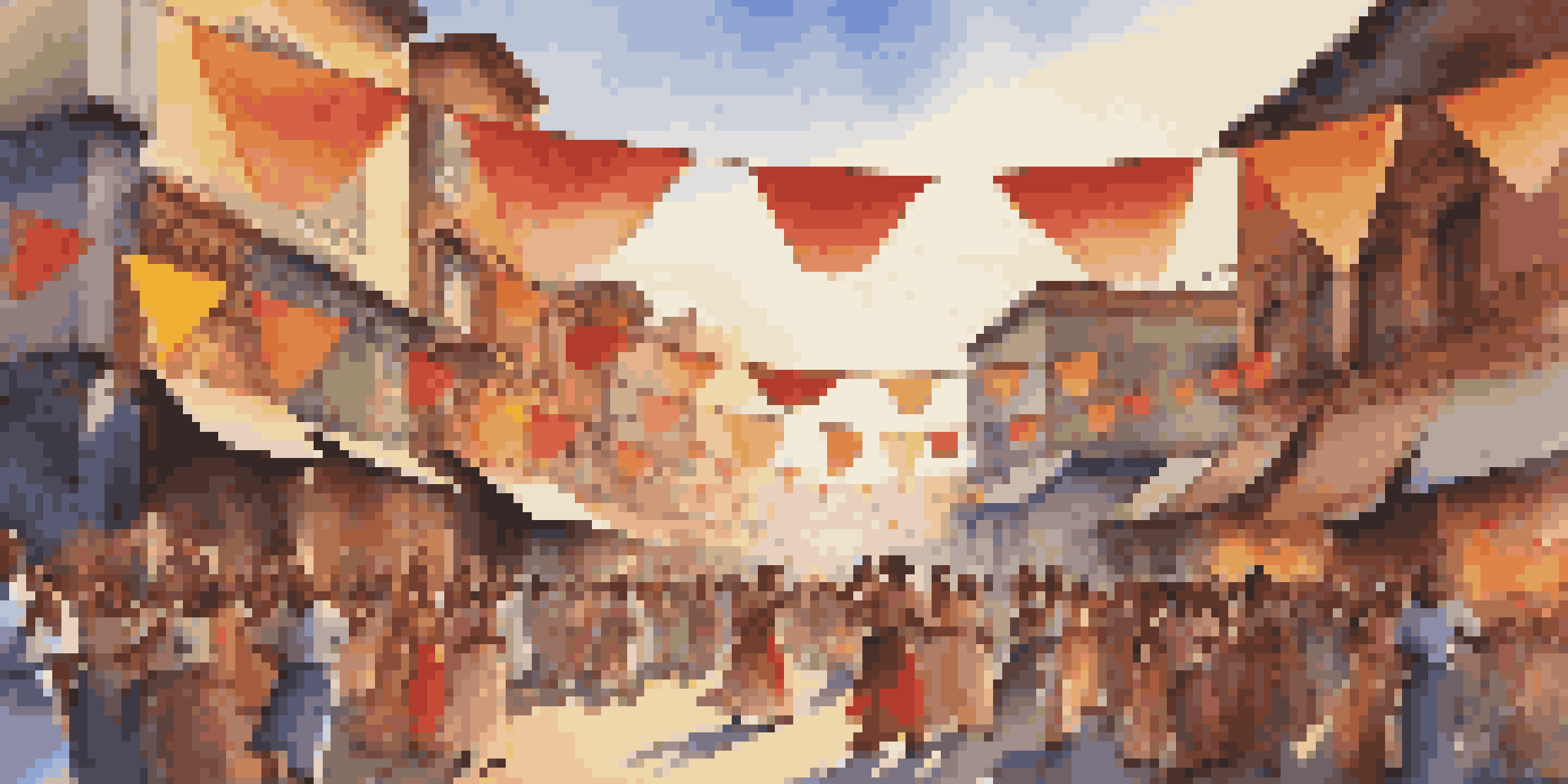 A lively street festival with musicians playing traditional instruments and crowds dancing under colorful banners during sunset.