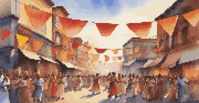 A lively street festival with musicians playing traditional instruments and crowds dancing under colorful banners during sunset.