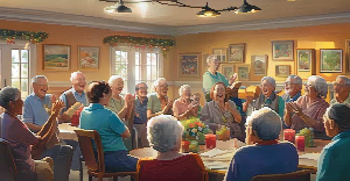 A group of elderly individuals joyfully participating in a sing-along in a bright community center, surrounded by colorful decorations and sunlight.
