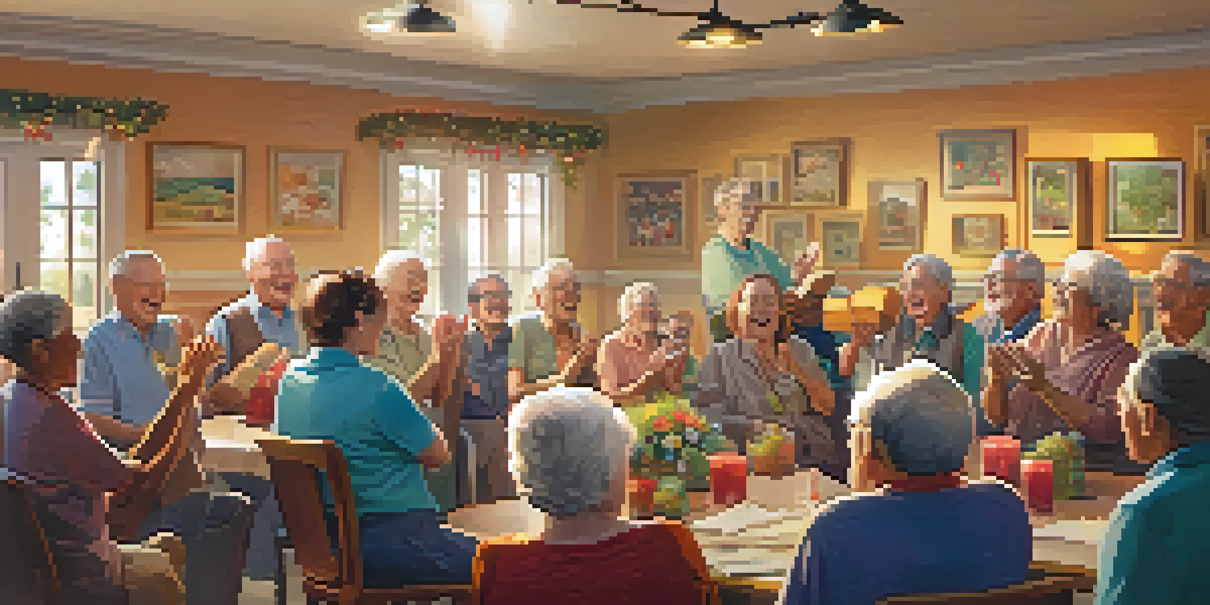 A group of elderly individuals joyfully participating in a sing-along in a bright community center, surrounded by colorful decorations and sunlight.