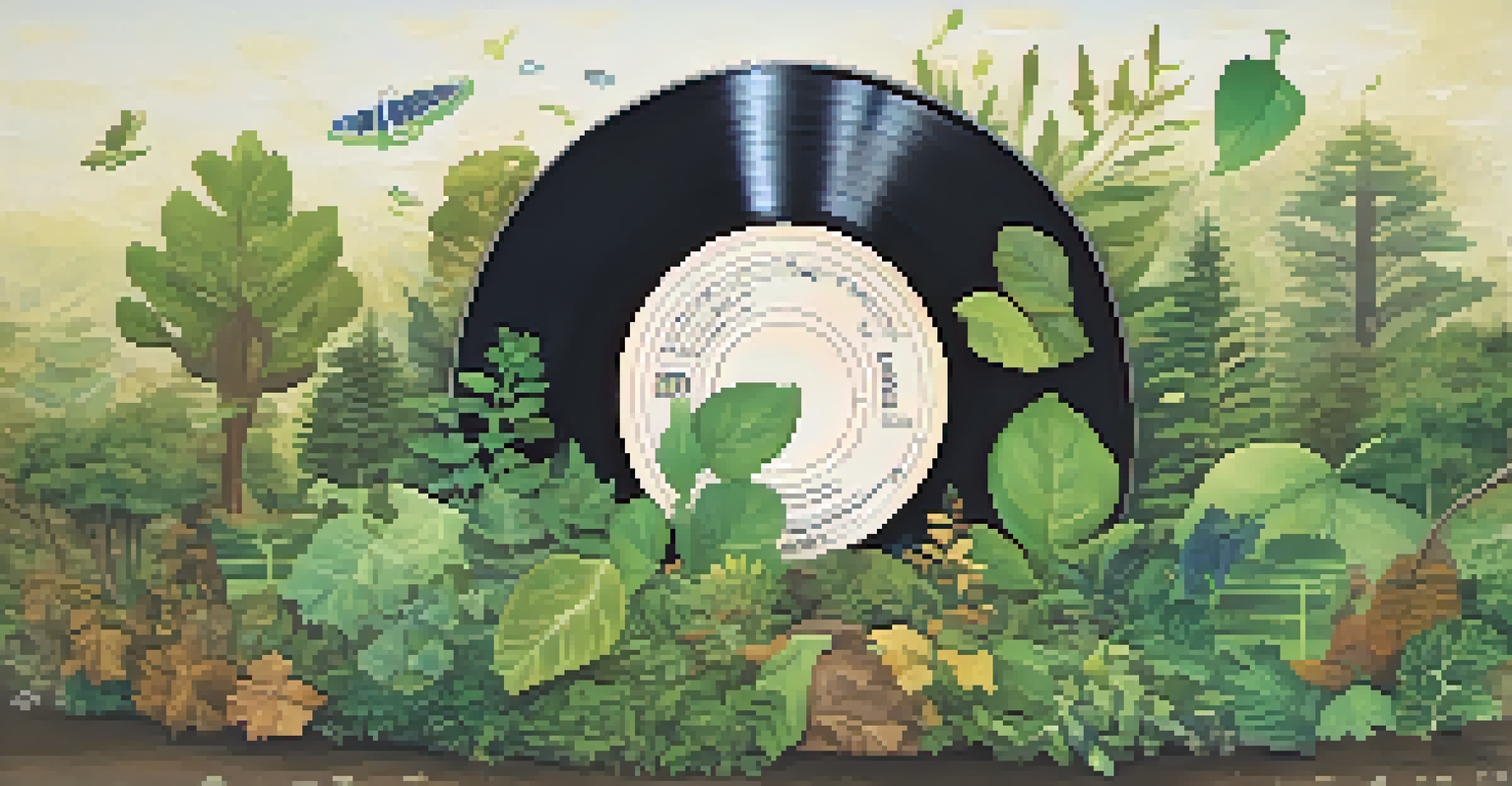 A vinyl record with nature-themed artwork surrounded by elements of climate action, set against a soft gradient background of earth tones.