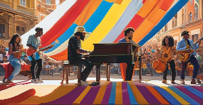 A lively musical performance with artists from different cultures collaborating on stage, showcasing a blend of traditional and modern instruments.