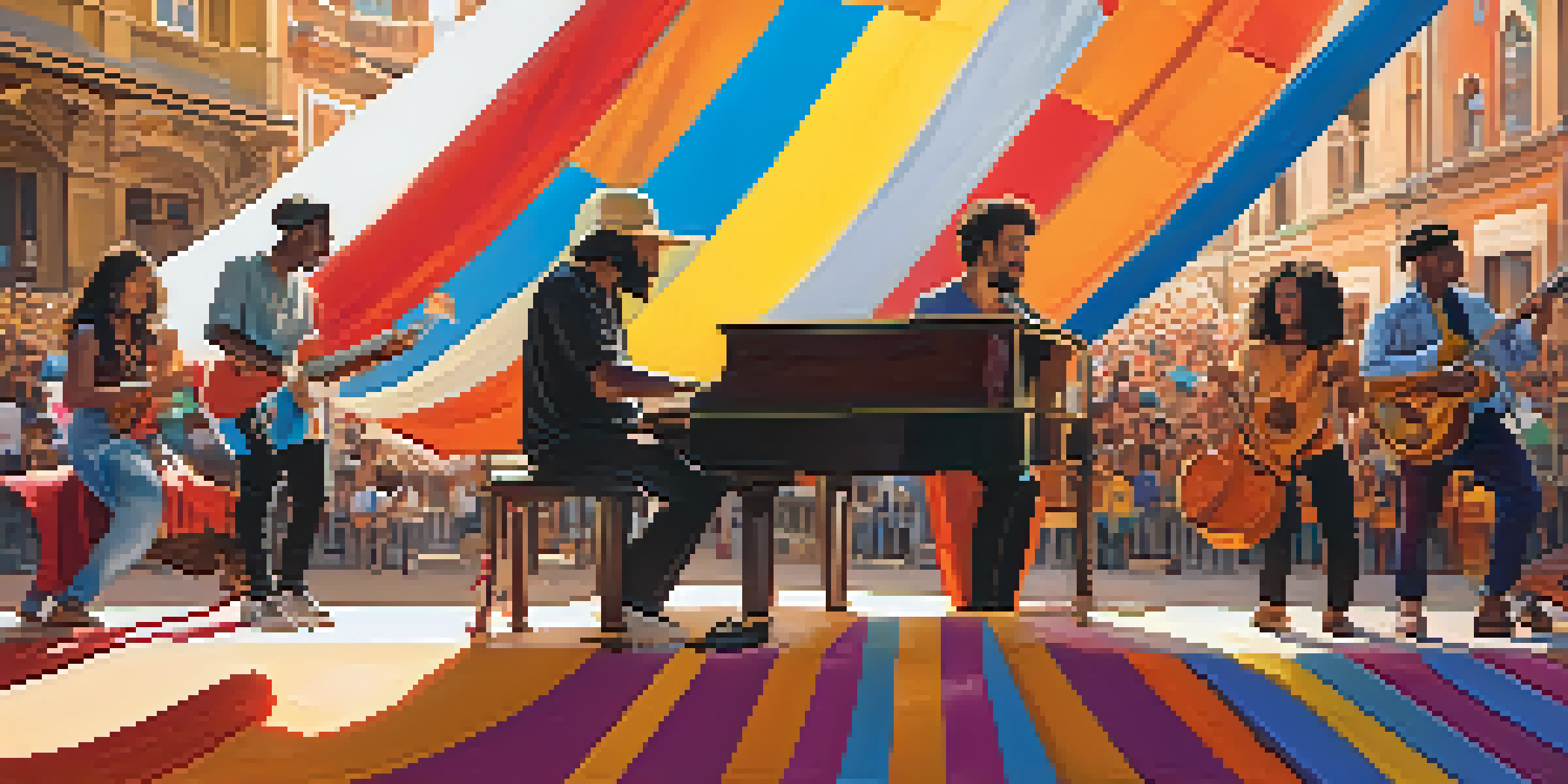 A lively musical performance with artists from different cultures collaborating on stage, showcasing a blend of traditional and modern instruments.
