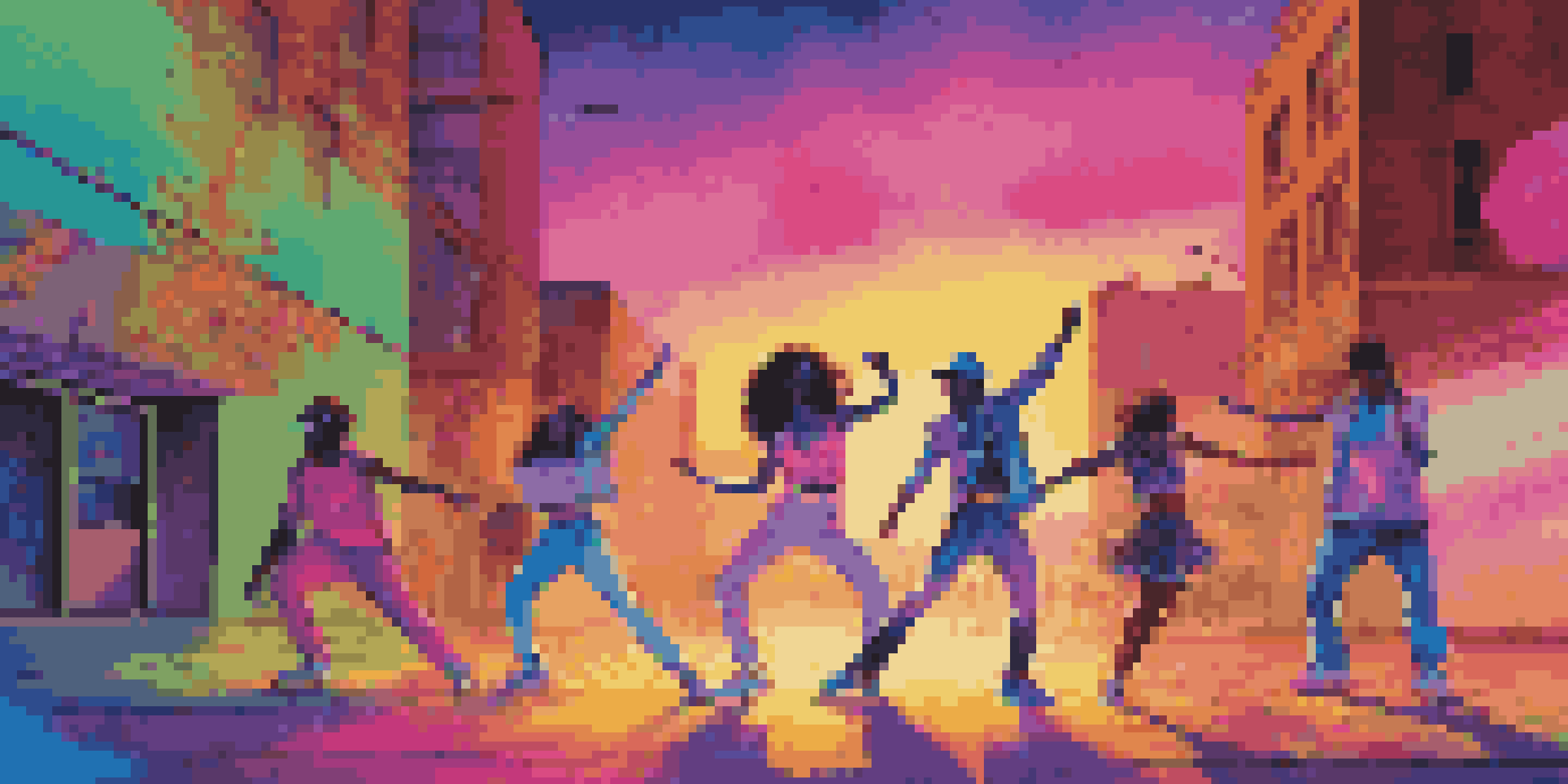 A vibrant music video scene with diverse dancers in 1980s fashion, set against a colorful urban backdrop.
