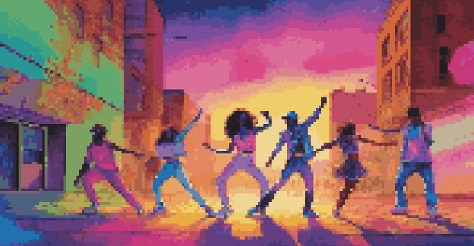 A vibrant music video scene with diverse dancers in 1980s fashion, set against a colorful urban backdrop.