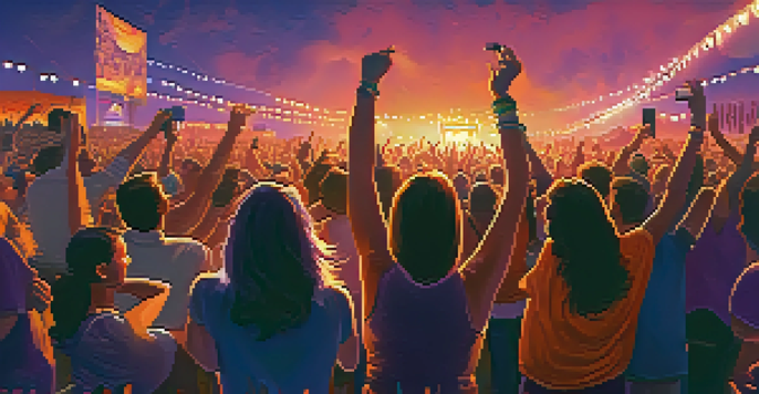 A lively music festival at sunset with a diverse crowd enjoying a live performance, surrounded by colorful lights and a beautiful sky.
