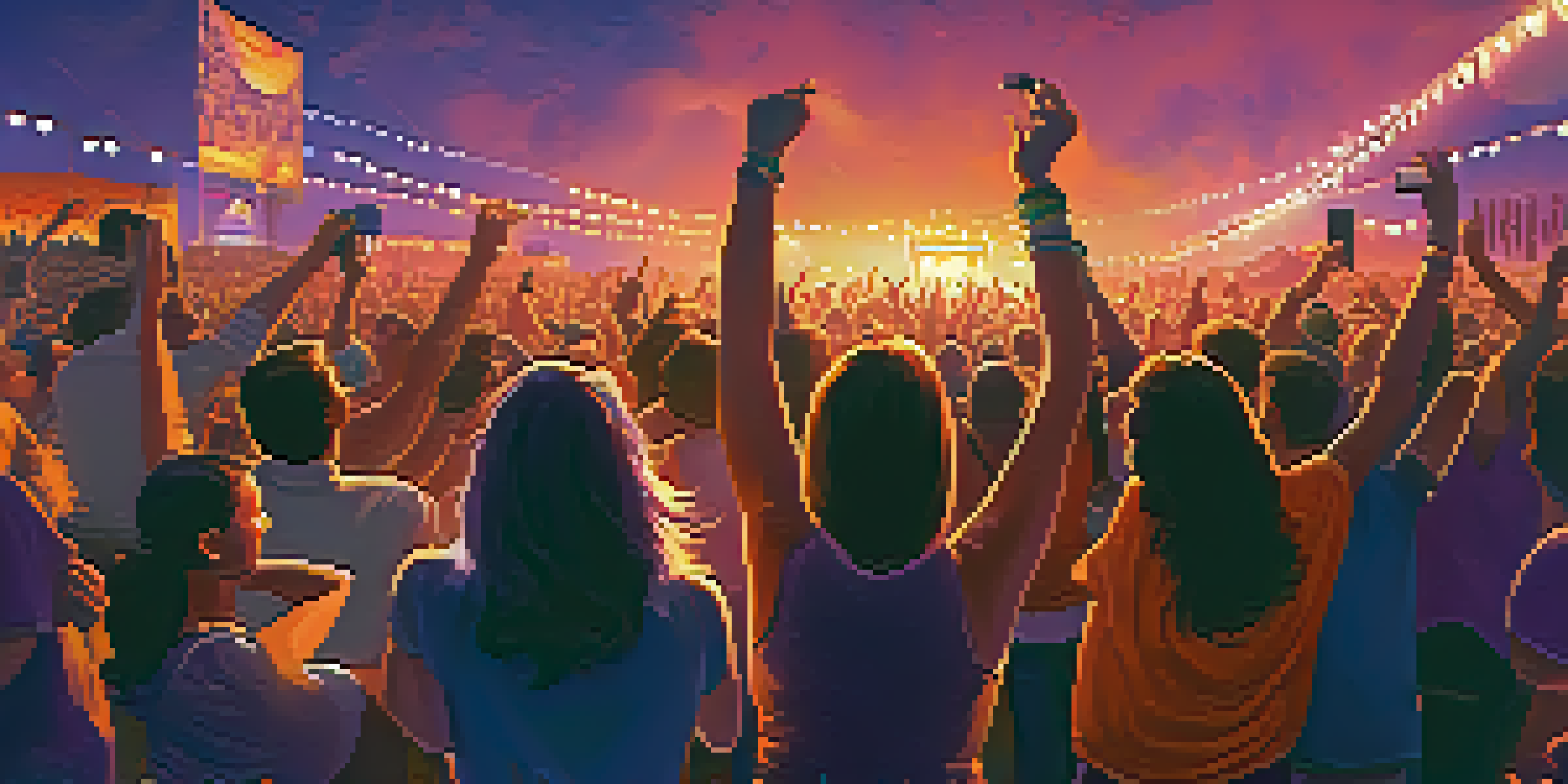 A lively music festival at sunset with a diverse crowd enjoying a live performance, surrounded by colorful lights and a beautiful sky.