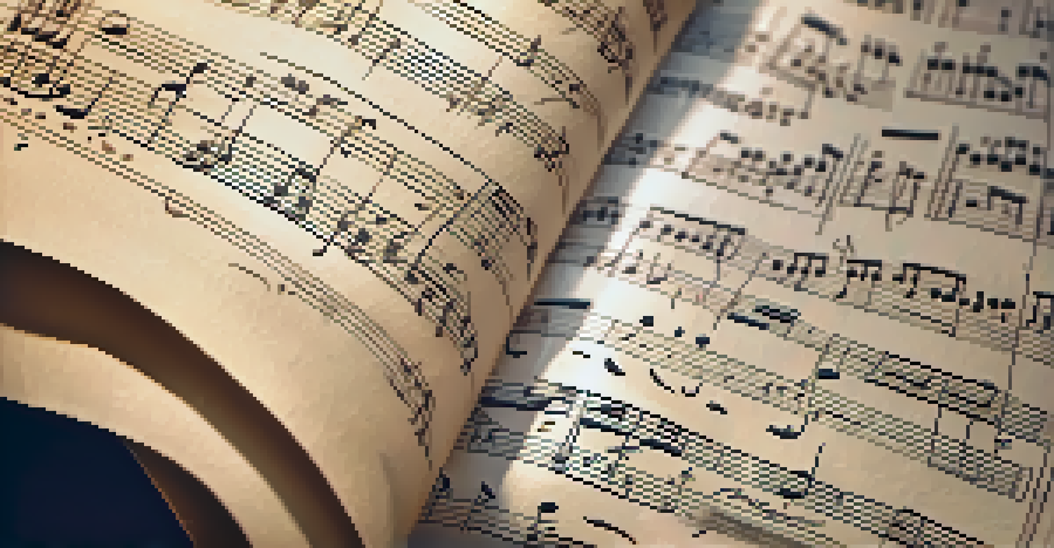 A close-up of an open music sheet with handwritten notes and a blurred vintage piano in the background.