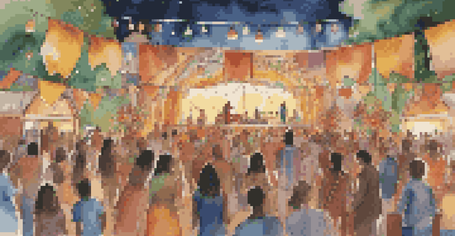 A vibrant multicultural music festival with performers on stage and an engaged audience enjoying the diverse cultural performances.