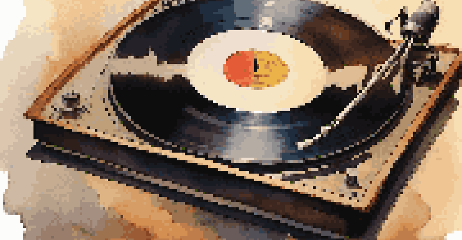 A close-up of a vinyl record on a turntable, with warm lighting and symbols of peace on the label, surrounded by vintage microphones and musical notes.