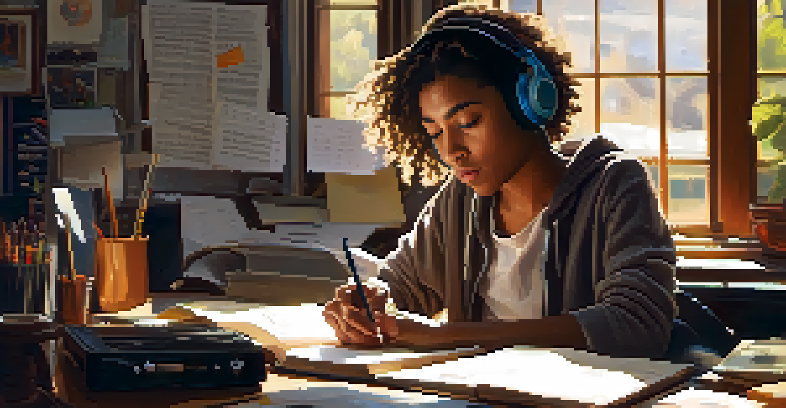 A young person writing lyrics in a notebook at a desk, surrounded by musical instruments and warm light.