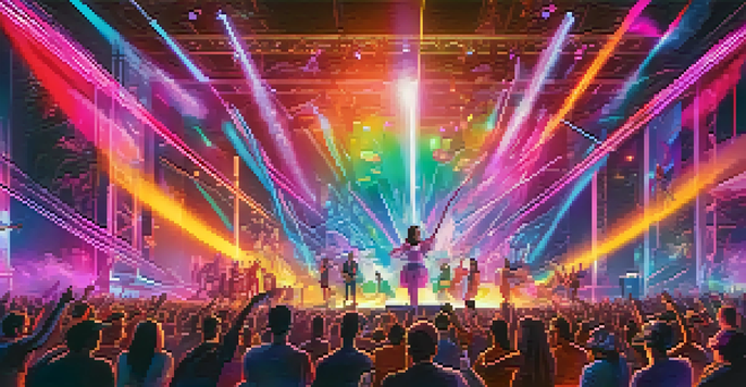 A lively virtual reality concert with a diverse audience in a colorful digital setting, featuring dynamic lights and engaging performers.