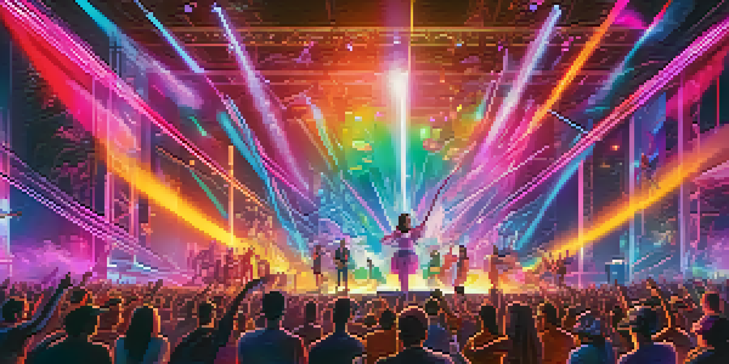 A lively virtual reality concert with a diverse audience in a colorful digital setting, featuring dynamic lights and engaging performers.