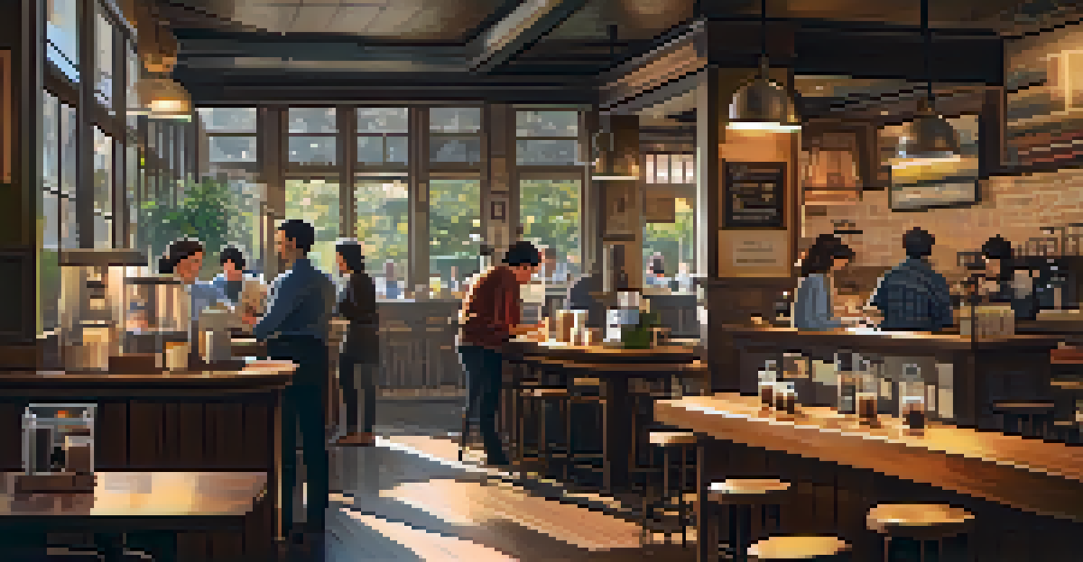 A cozy coffee shop with warm wooden decor and patrons enjoying their time.