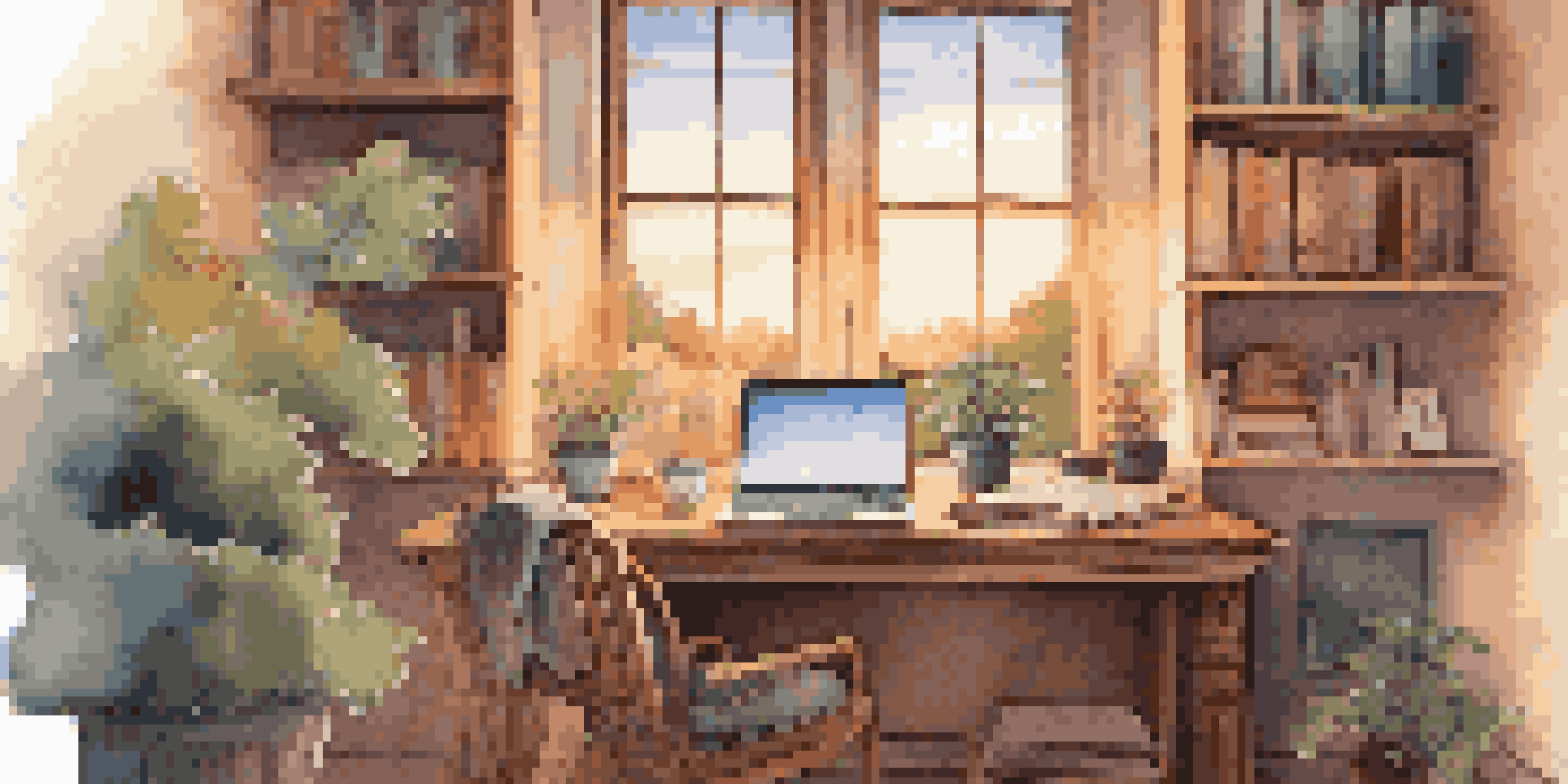 A cozy study desk with a laptop, books, and a cup of tea, illuminated by soft lighting and a sunset through the window.