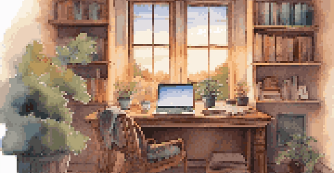 A cozy study desk with a laptop, books, and a cup of tea, illuminated by soft lighting and a sunset through the window.