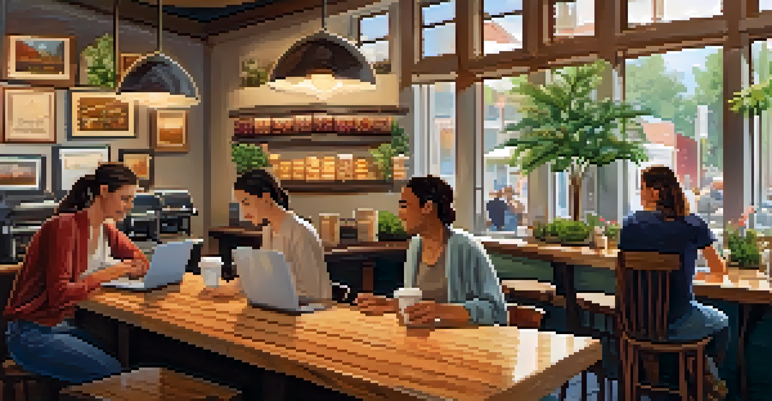 A cozy coffee shop with warm lighting, customers at tables, and pastries on display.
