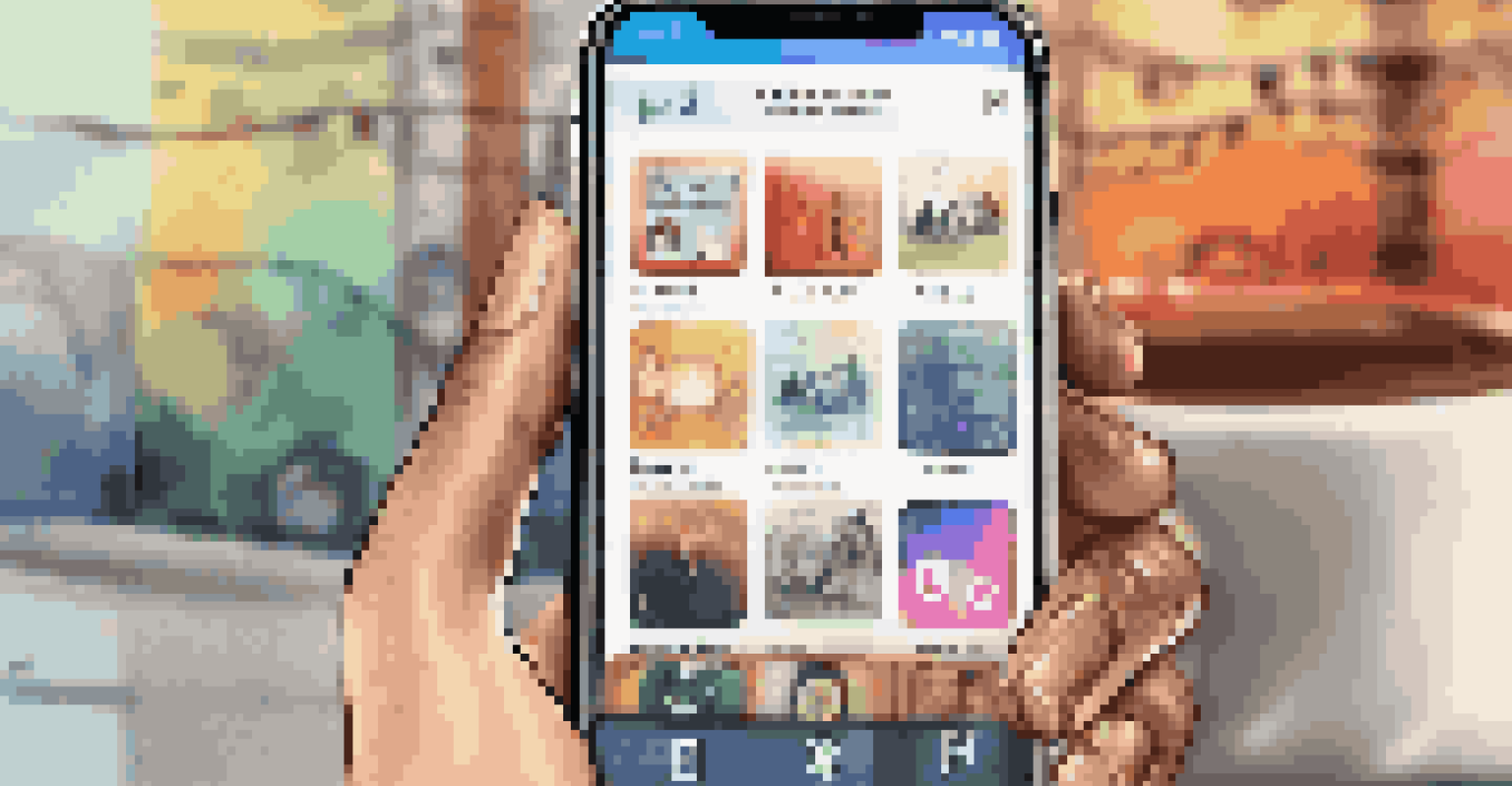 Close-up of a smartphone showing a music streaming app with album covers.