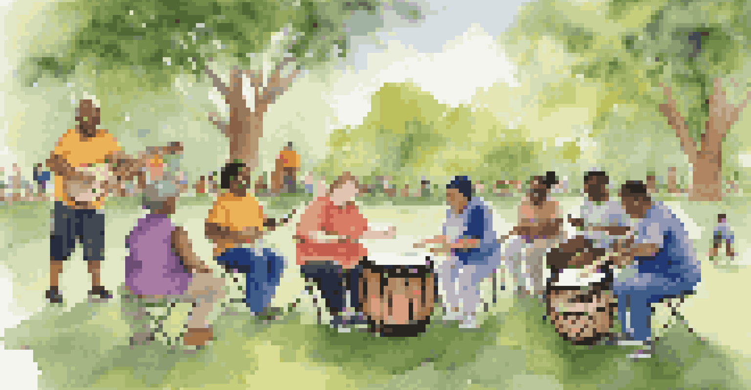 A diverse group of individuals with developmental disabilities drumming together in a circle in a sunny park, surrounded by greenery.