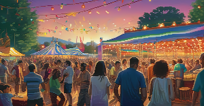 A lively music festival with a diverse crowd enjoying live music, colorful lights, and art displays.