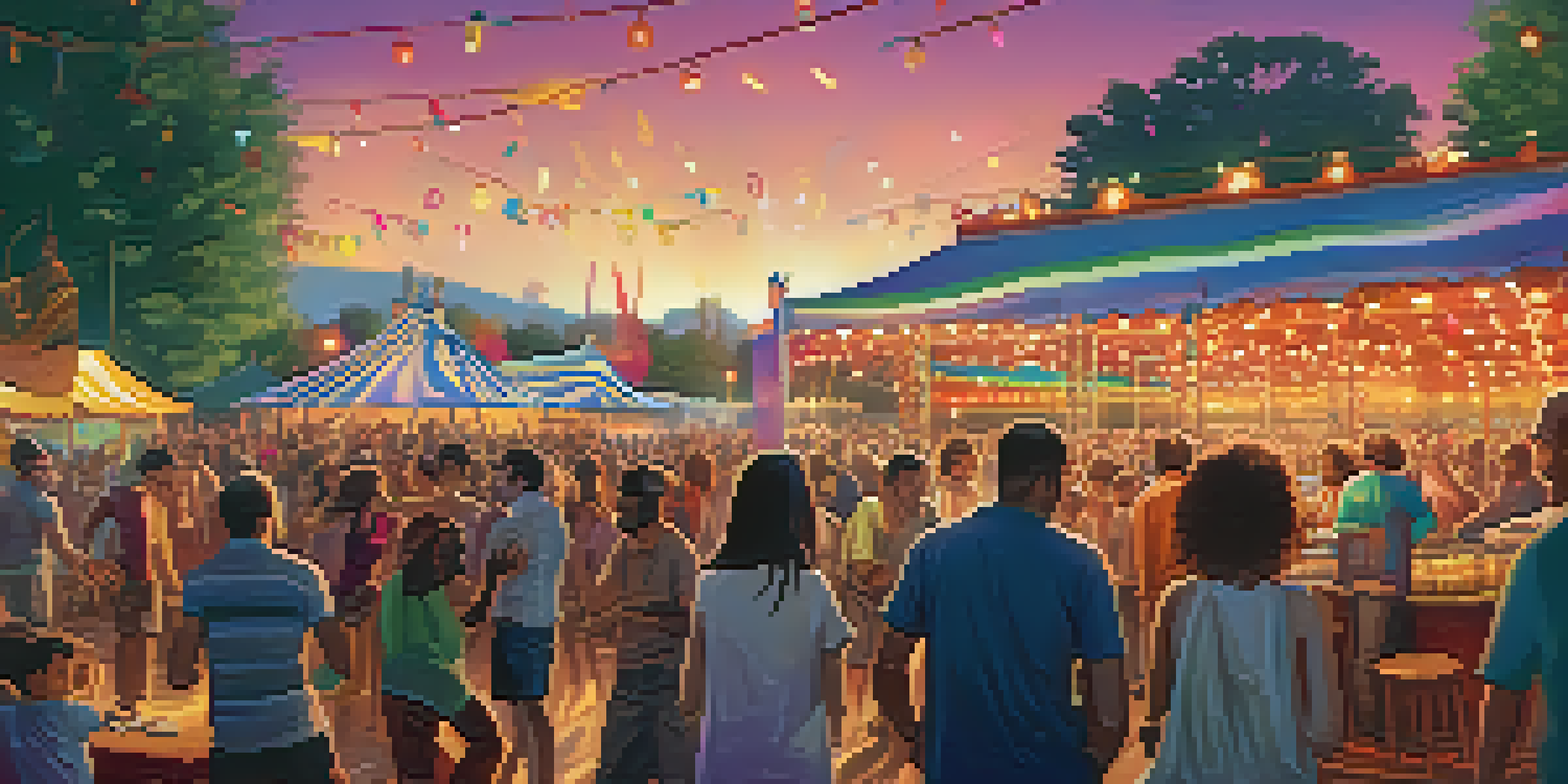 A lively music festival with a diverse crowd enjoying live music, colorful lights, and art displays.