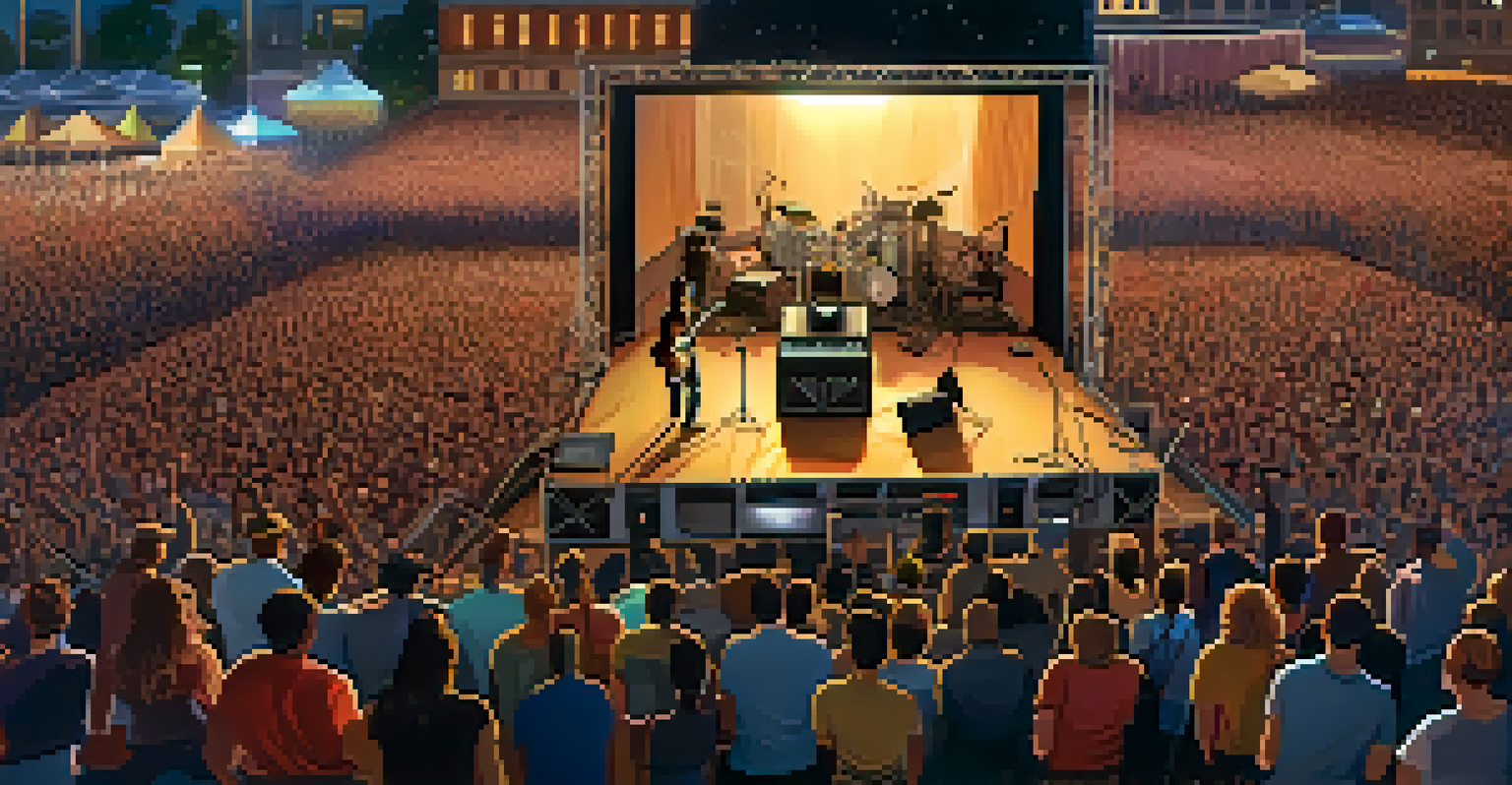 An aerial view of a live music event featuring a monitor engineer controlling sound mix, with performers and a crowd in the background.