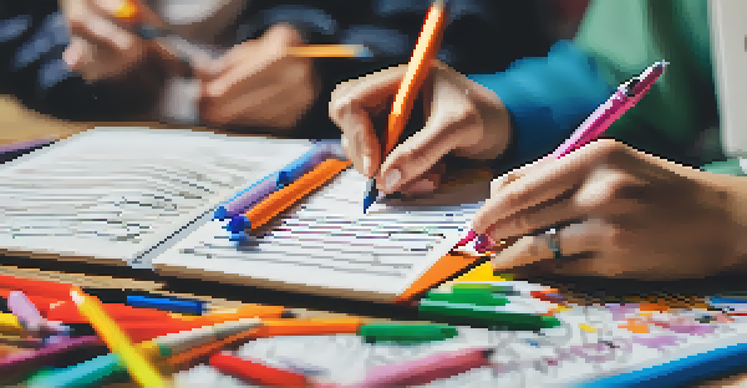 Close-up of hands writing song lyrics on a notepad, with colorful pens and blurred figures in the background discussing ideas.