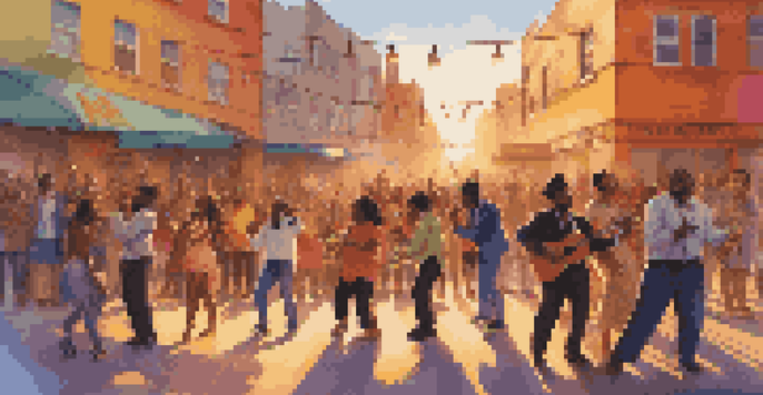 A lively street performance with musicians and an engaged audience, illuminated by golden hour sunlight.