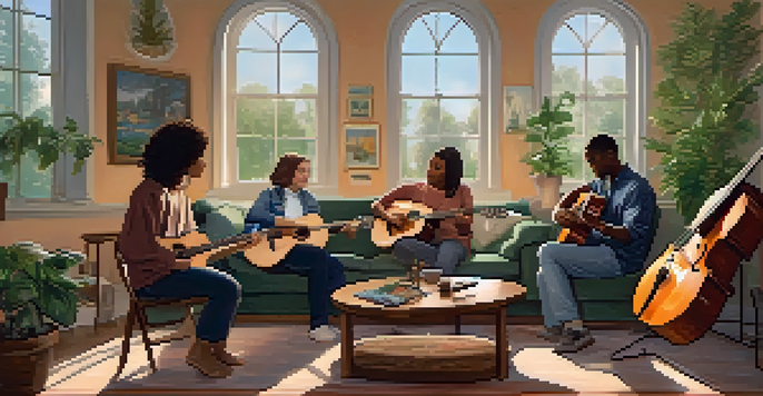 A group of people engaging in a music therapy session, playing instruments in a cozy, well-lit room surrounded by plants and calming artwork.