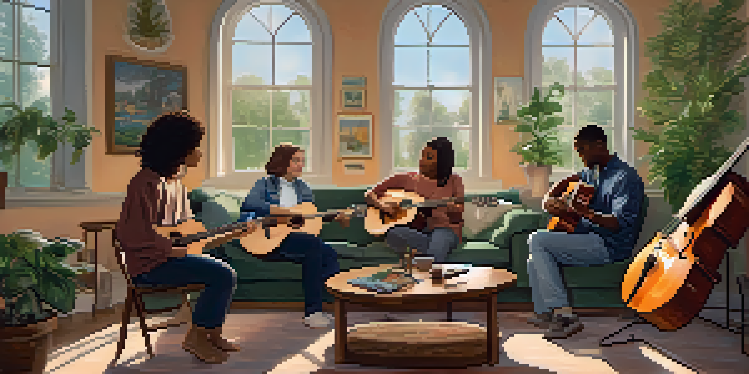 A group of people engaging in a music therapy session, playing instruments in a cozy, well-lit room surrounded by plants and calming artwork.