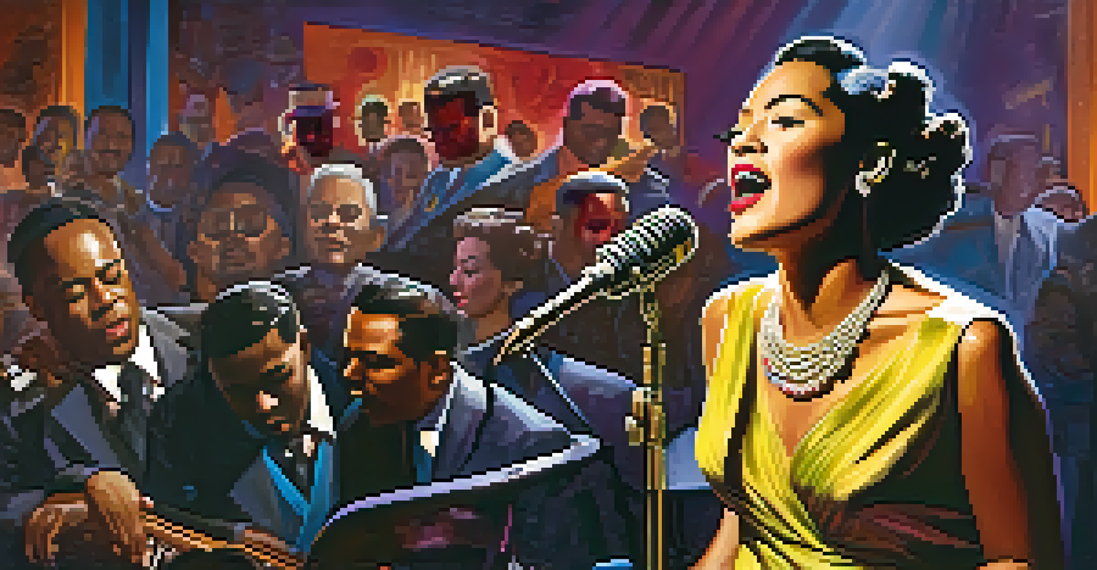A female jazz vocalist performing in a colorful 20th-century jazz club, with a captivated audience and a jazz band in the background.