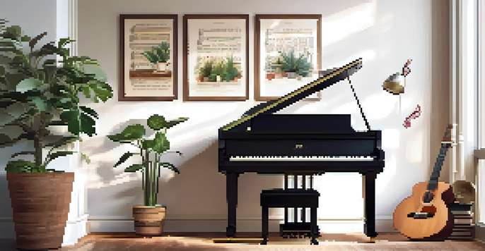 A cozy music corner in a home with a vintage piano, houseplants, and soft lighting.
