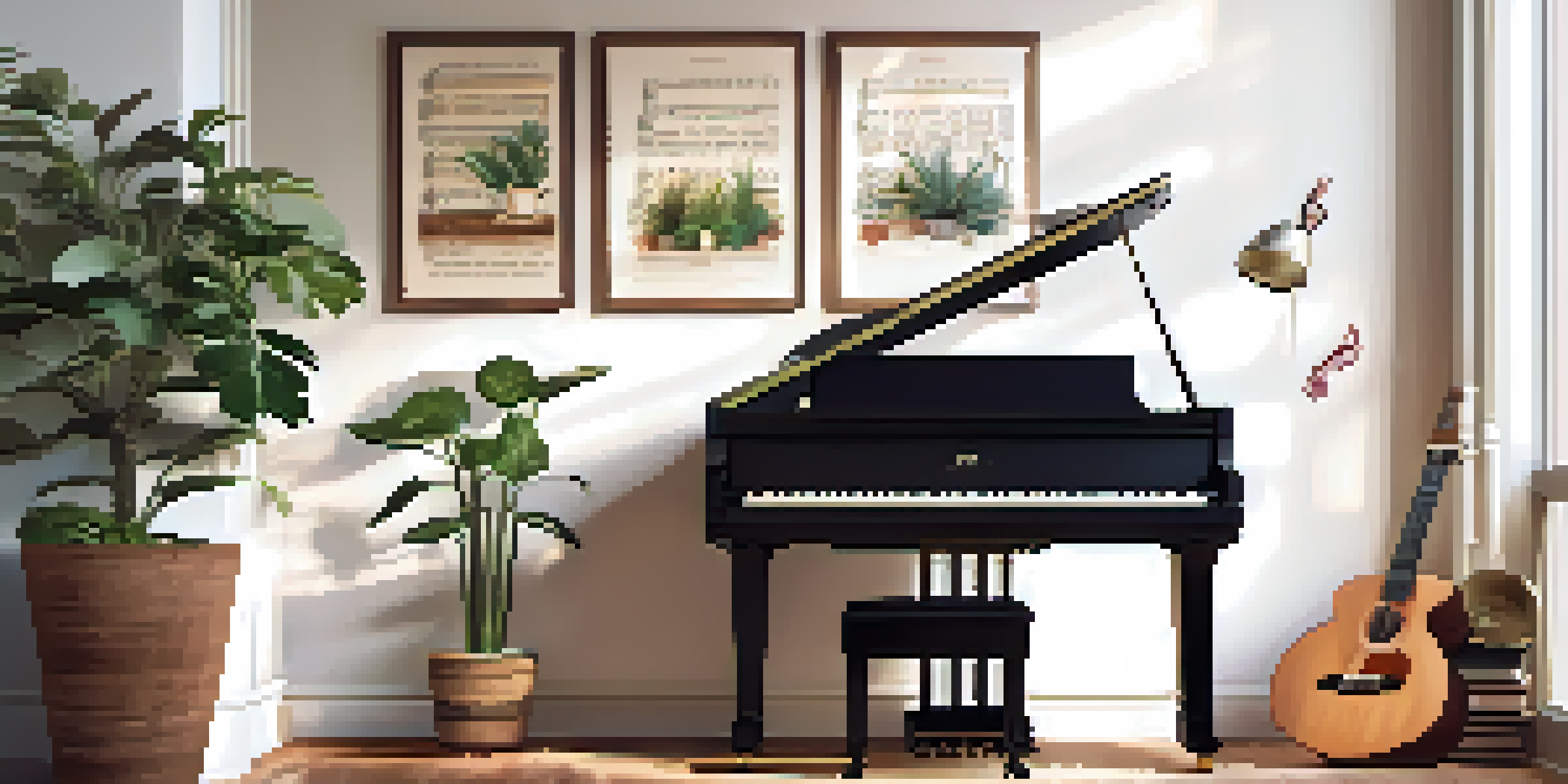 A cozy music corner in a home with a vintage piano, houseplants, and soft lighting.