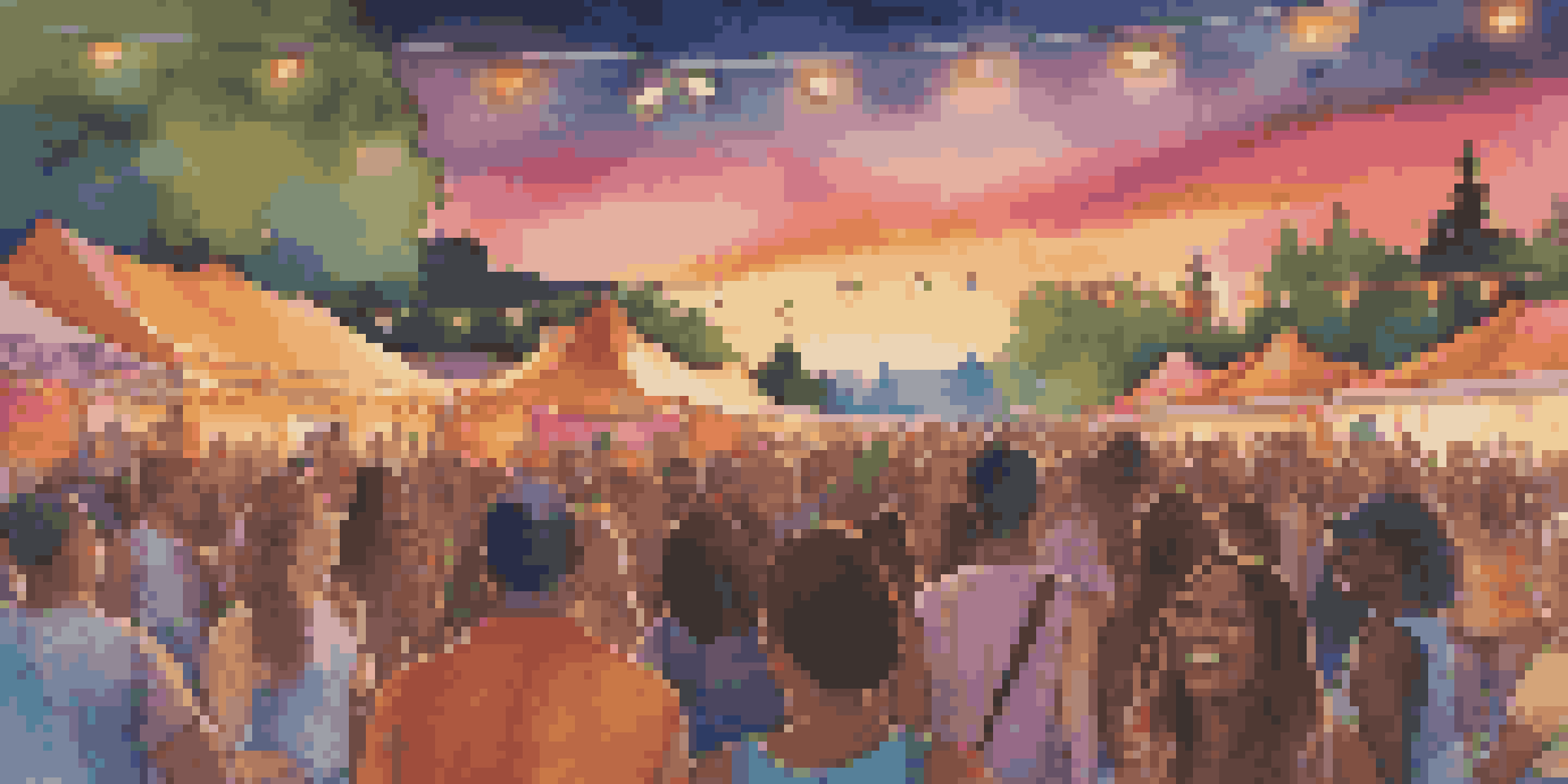 A lively outdoor music festival with a diverse crowd enjoying live music, colorful lights, and a warm sunset glow.