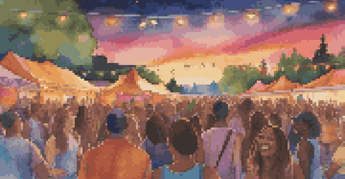 A lively outdoor music festival with a diverse crowd enjoying live music, colorful lights, and a warm sunset glow.