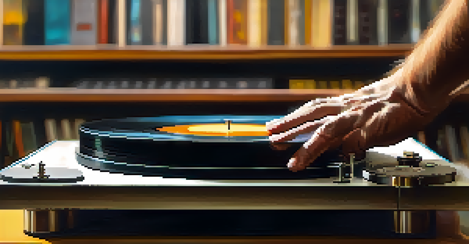 A close-up of a vinyl record on a turntable with hands adjusting the needle, surrounded by classic music albums.