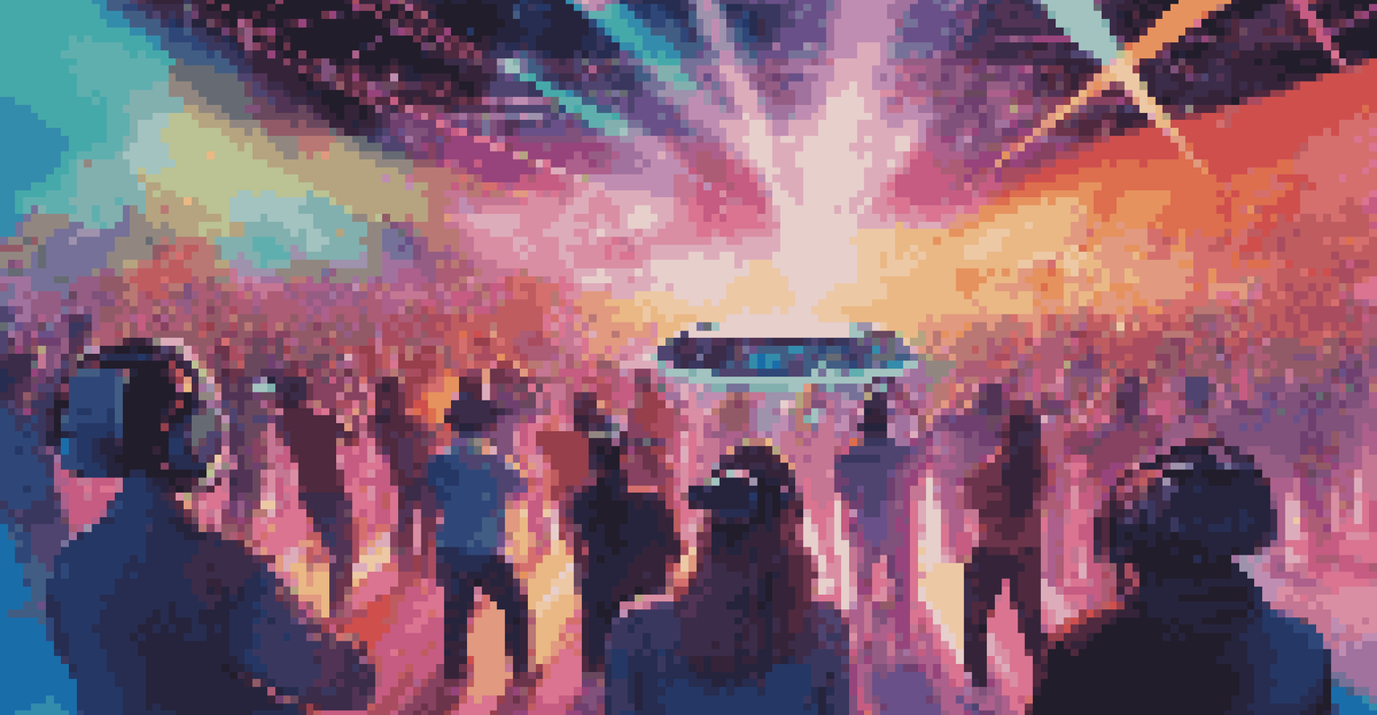 A futuristic virtual reality concert scene with an audience in VR headsets and vivid visual effects.