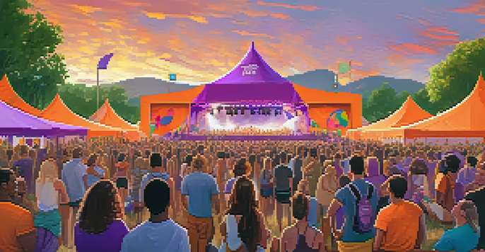 A colorful outdoor music festival at sunset with a diverse crowd enjoying performances and promoting environmental awareness.