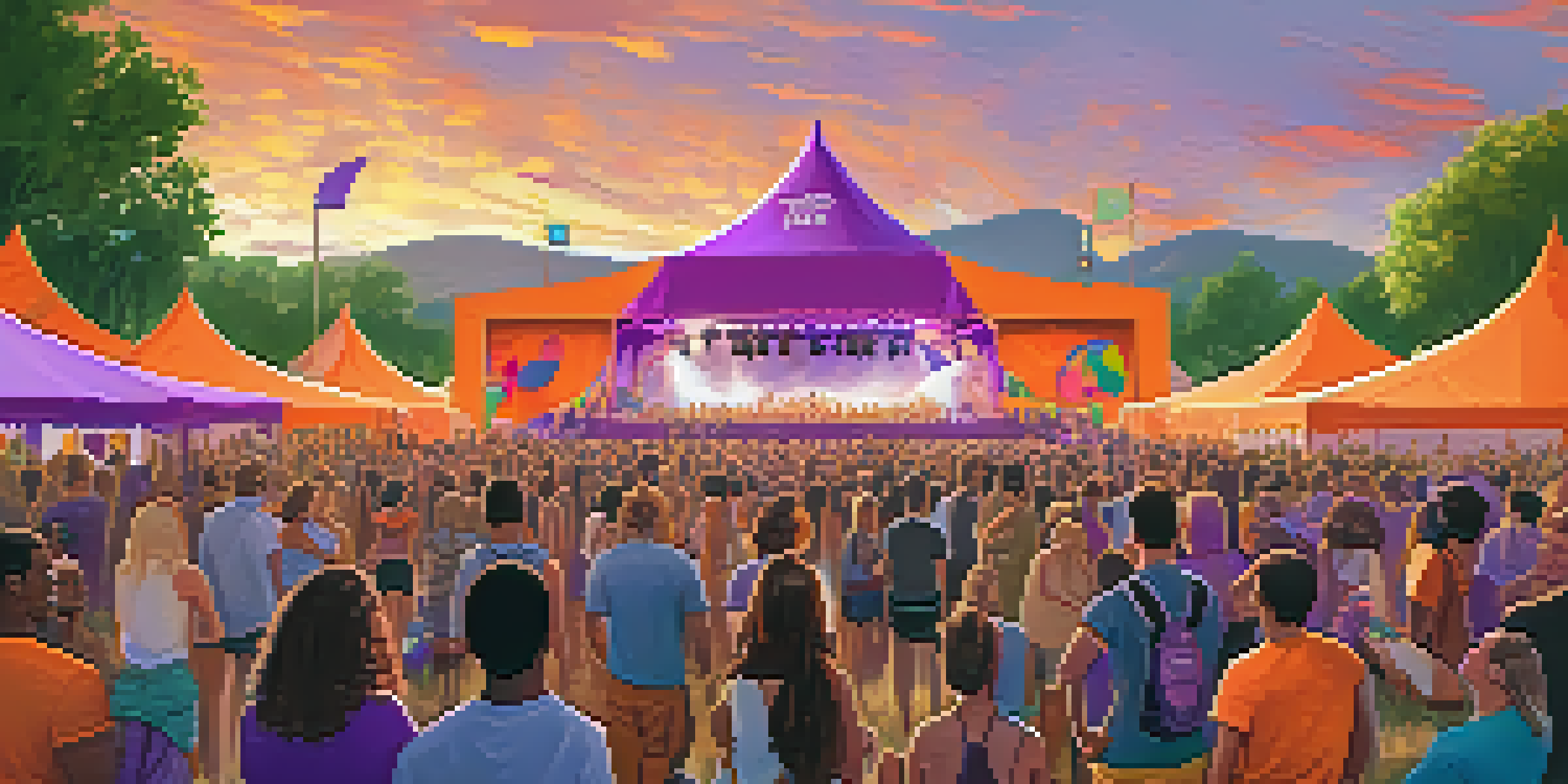 A colorful outdoor music festival at sunset with a diverse crowd enjoying performances and promoting environmental awareness.