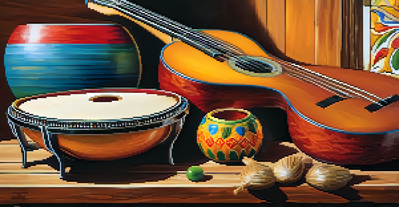 A close-up of traditional Latin musical instruments, including a guitar, maracas, and congas, on a rustic wooden table with soft natural light.