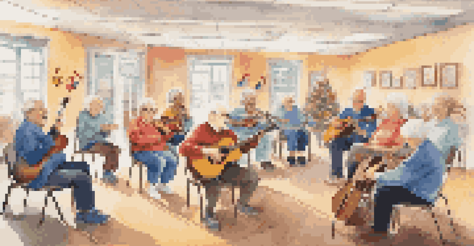 Seniors enjoying a music therapy session in a vibrant community center, with a therapist leading the group.
