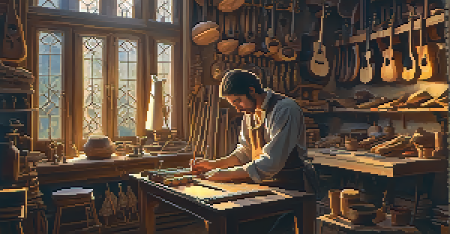 A luthier in a workshop crafting a lute, surrounded by musical instruments and tools in warm golden light.