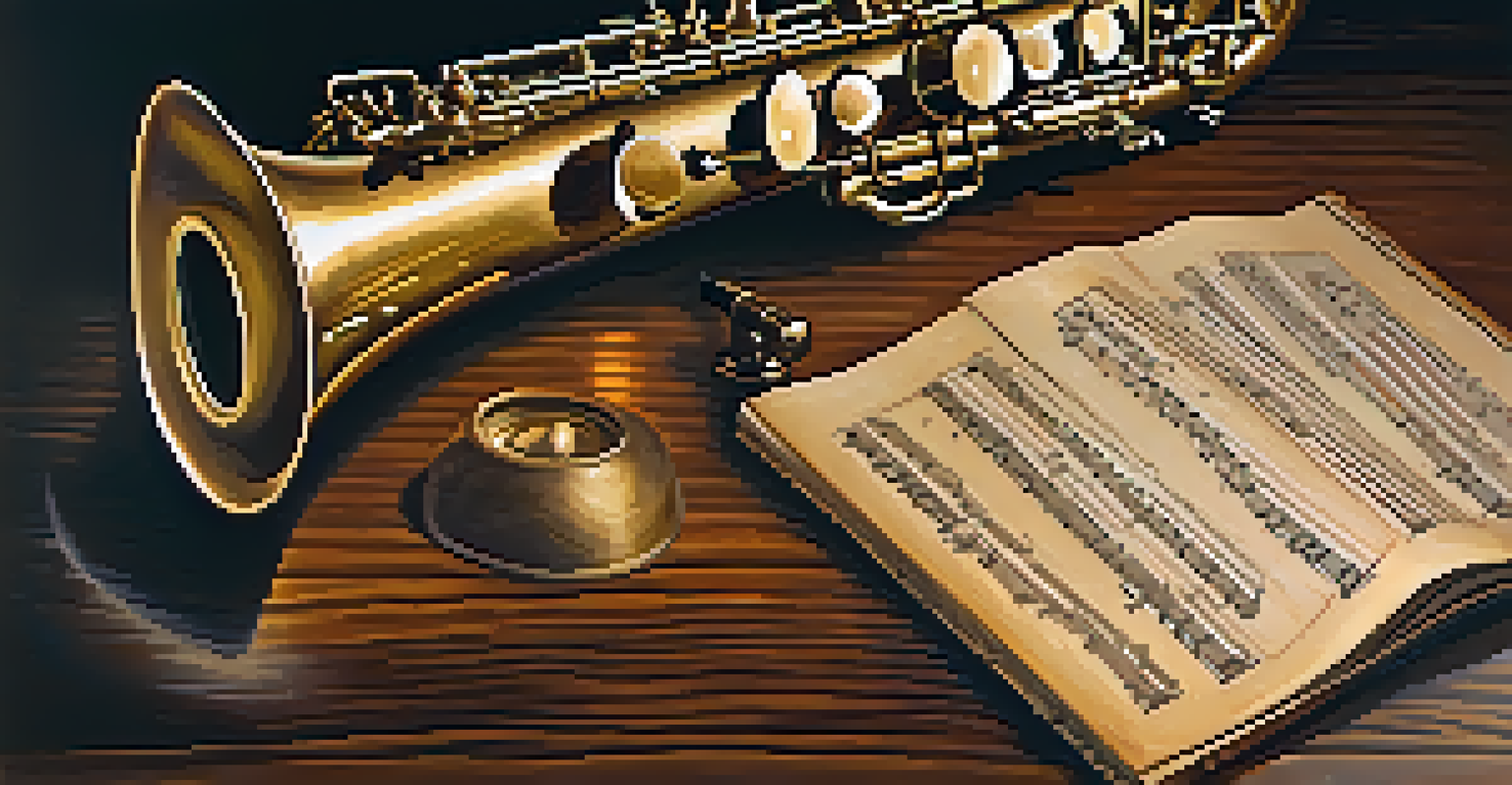 A vintage saxophone on a wooden table with sheet music, illuminated by warm lamp light.