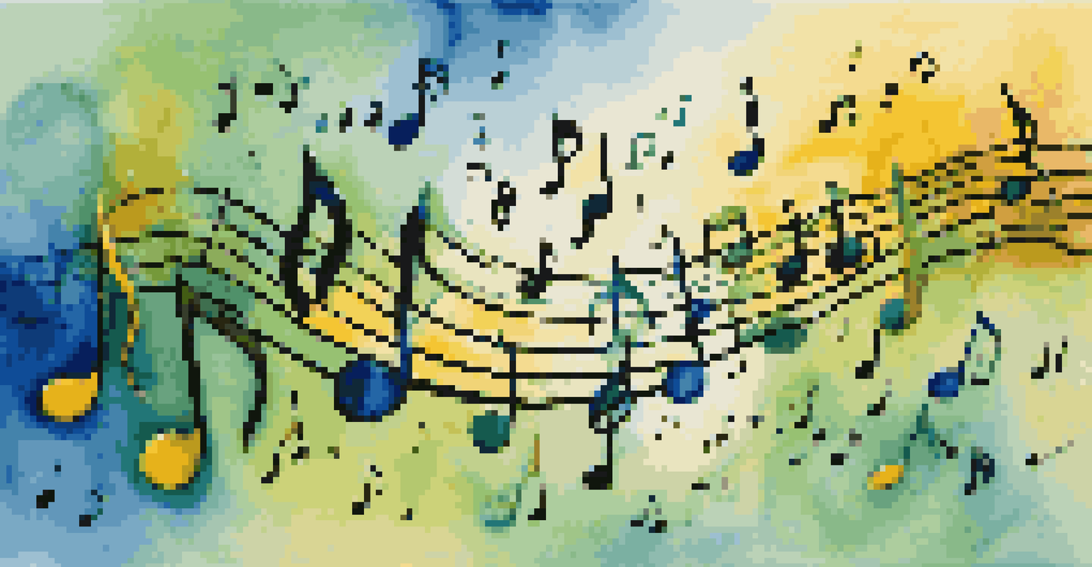 Colorful musical notes flowing through the air with abstract shapes around them.