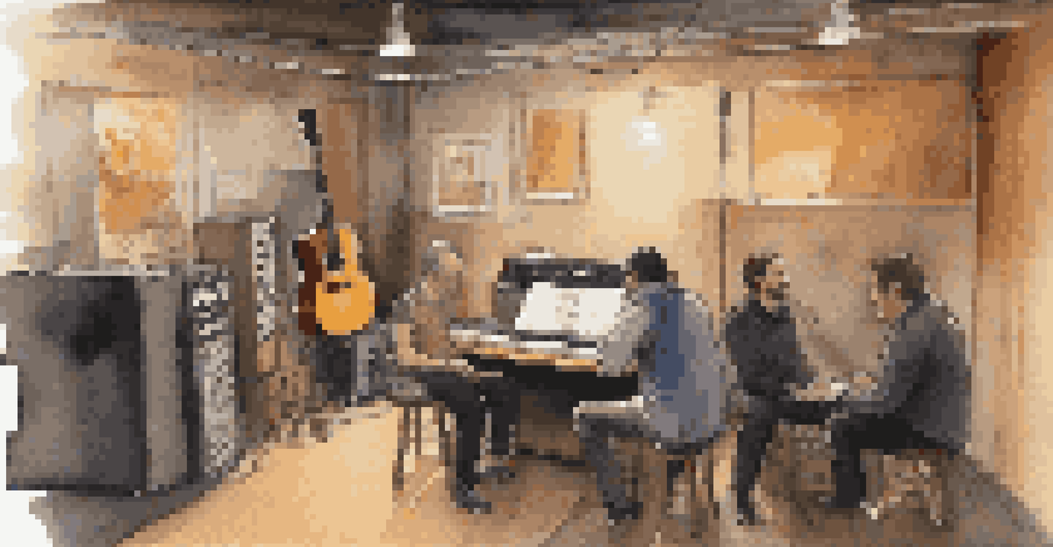 A sound engineer and musicians having a pre-show meeting in a cozy backstage area, discussing sound preferences.